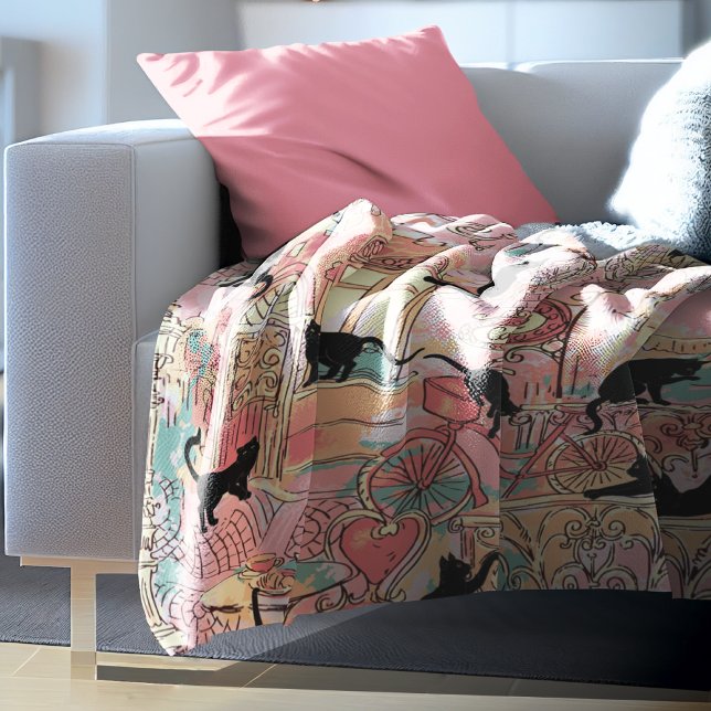 Couverture Polaire Cute Moderne Aquarelle Paris Café Motif Chat (Créateur téléchargé)