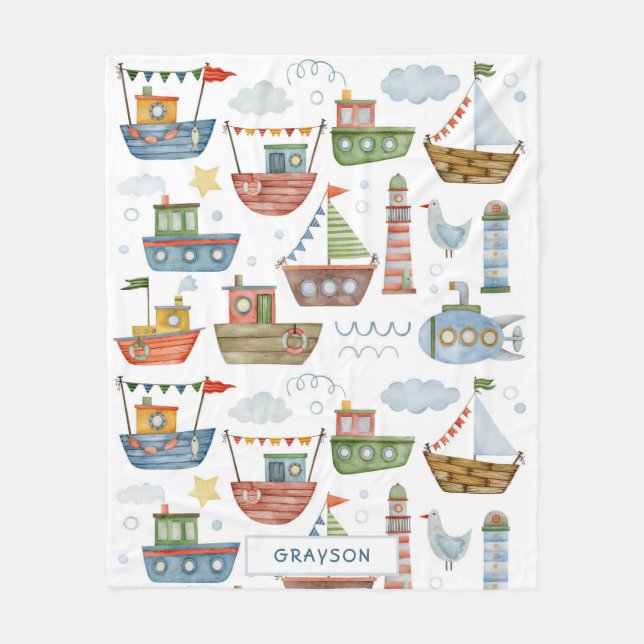 Couverture Polaire Cute Nautical Watercolor Boats Personnalisé (Devant)