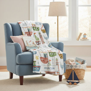 Couverture Polaire Cute Nautical Watercolor Boats Personnalisé