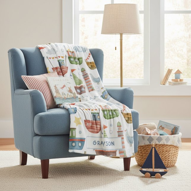 Couverture Polaire Cute Nautical Watercolor Boats Personnalisé (Créateur téléchargé)