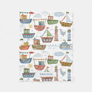 Couverture Polaire Cute Nautical Watercolor Boats Personnalisé