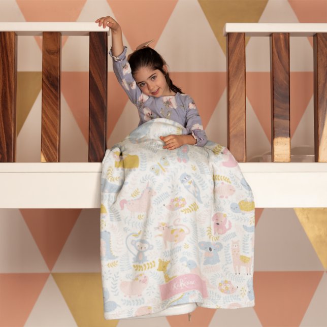 Couverture Polaire Cute Pastel Zoo Animal Monogrammed Girl Rose (Créateur téléchargé)