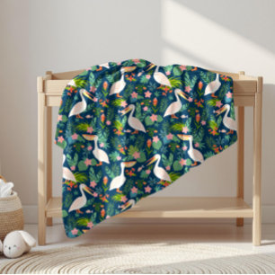 Couverture Polaire Cute pélicans coloré fleurs tropicales motif