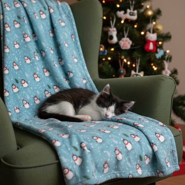 Couverture Polaire Cute Penguins on Light Blue with Snowflakes  (Créateur téléchargé)