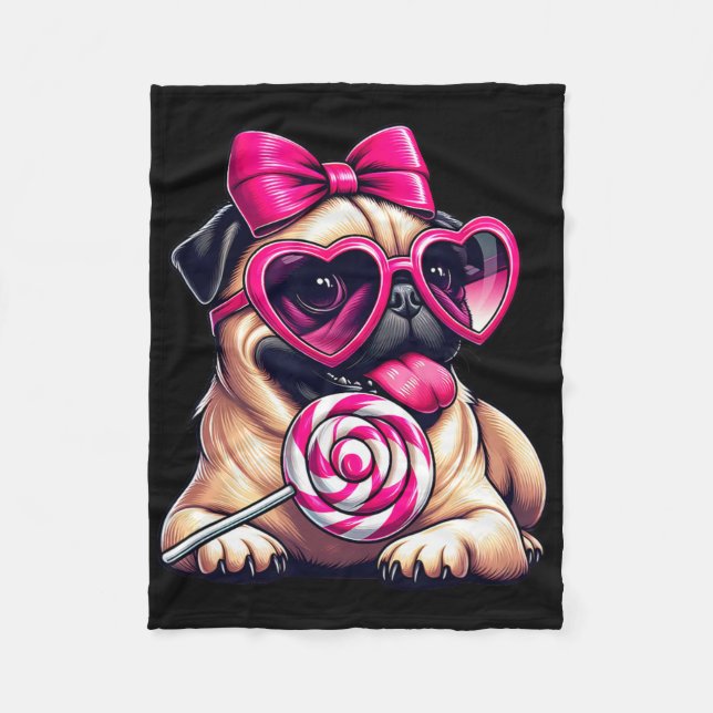 Couverture Polaire Cute Pug With Heart Sungles Bow Valentine Dog Mom  (Devant)