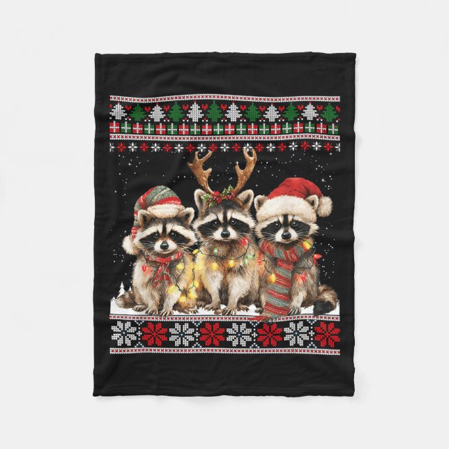 Couverture Polaire Cute Raccoon Santa Christmas Lights Ugly Xmas Swea (Devant)