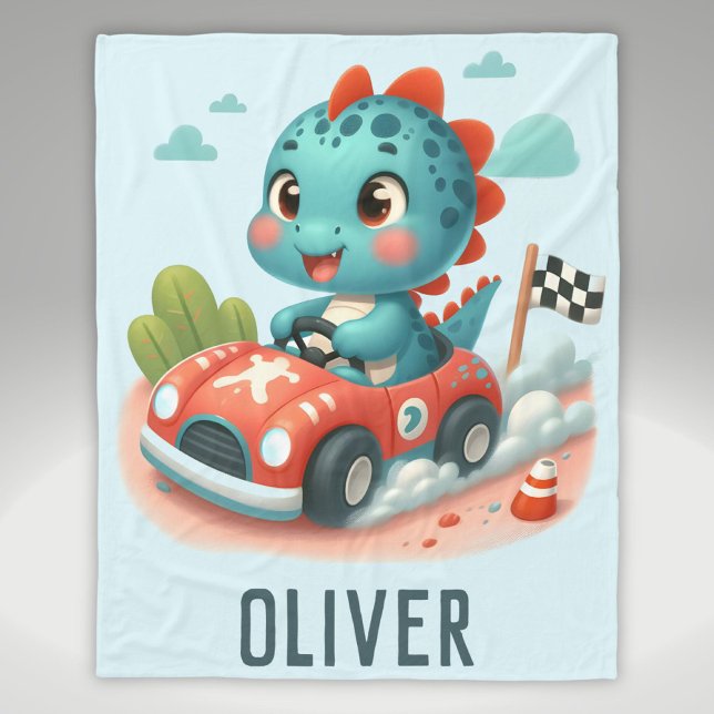 Couverture Polaire Cute Racer Dino conduire une voiture rapide (Créateur téléchargé)