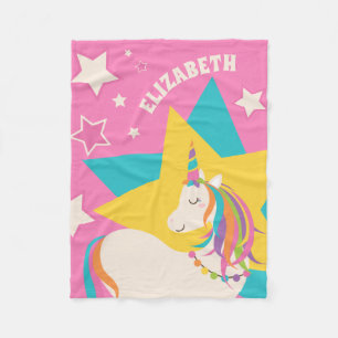 Couverture Polaire Cute Rainbow Unicorn et Stars Girly Pink Monogramm