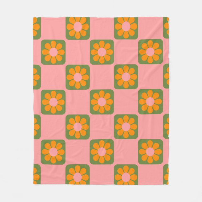 Couverture Polaire Cute Retro Hippie Fleur Checkerboard Rose Vert  (Devant)