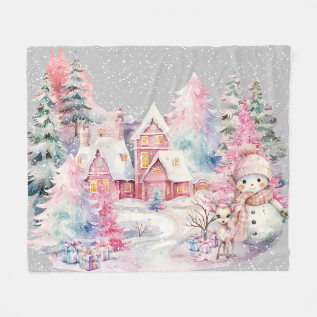 Couverture Polaire Cute rose Snowman hiver Wonderland (Devant (Horizontal))