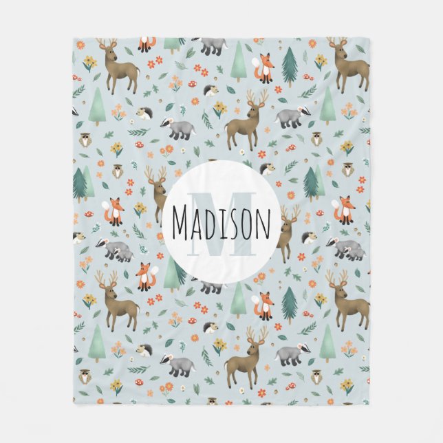 Couverture Polaire Cute Rustic Woodland Forest Animaux Enfants Monogr (Devant)