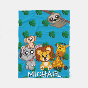 Couverture Polaire Cute Safari Animaux Dessin Bleu Nom de la jungle G