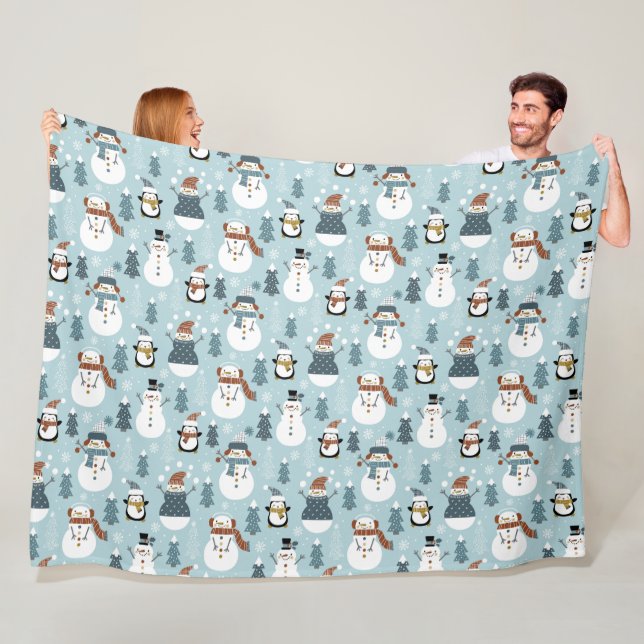 Couverture Polaire Cute Snowmen et pingouins Blanche en polaire (En situation)