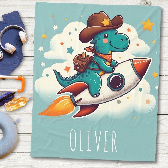 Couverture Polaire Cute Space Cowboy Dinosaur Riding Rocket (Créateur téléchargé)