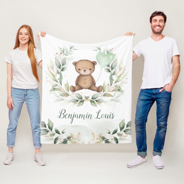 Couverture Polaire Cute Teddy Ours Vert Or Balloon Nursery Baby (En situation)