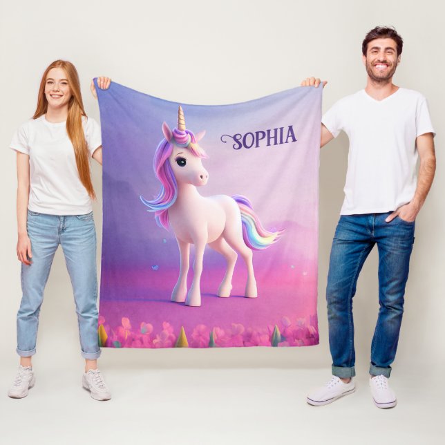 Couverture Polaire Cute Unicorne Blanche Avec Rose & Bleu Mane (En situation)