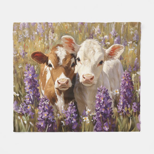 Couverture Polaire Cute Vaches Laitières Calves Lupines Fleurs (Devant (Horizontal))
