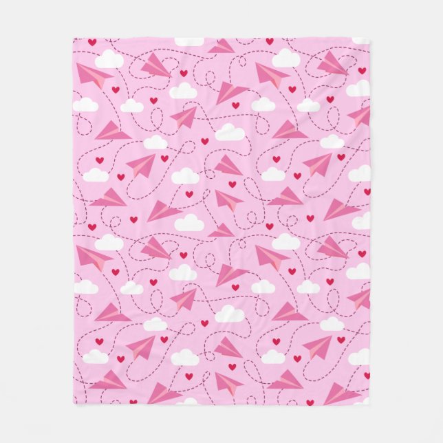 Couverture Polaire Cute Valentine Volant Avion Rouge Coeurs Rose (Devant)