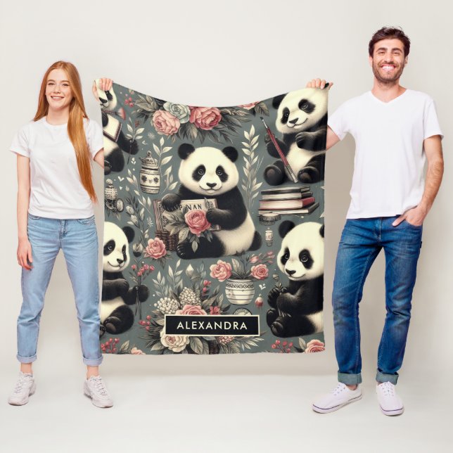 Couverture Polaire Cute Vintage Panda Floral (En situation)
