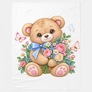 Couverture Polaire Cute Watercolor Teddy Bear avec Fleurs Clipart |