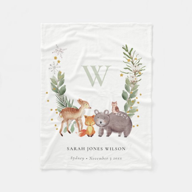 Couverture Polaire Cute Woodland Animal Feuilleté Wreath Monogramme E (Devant)