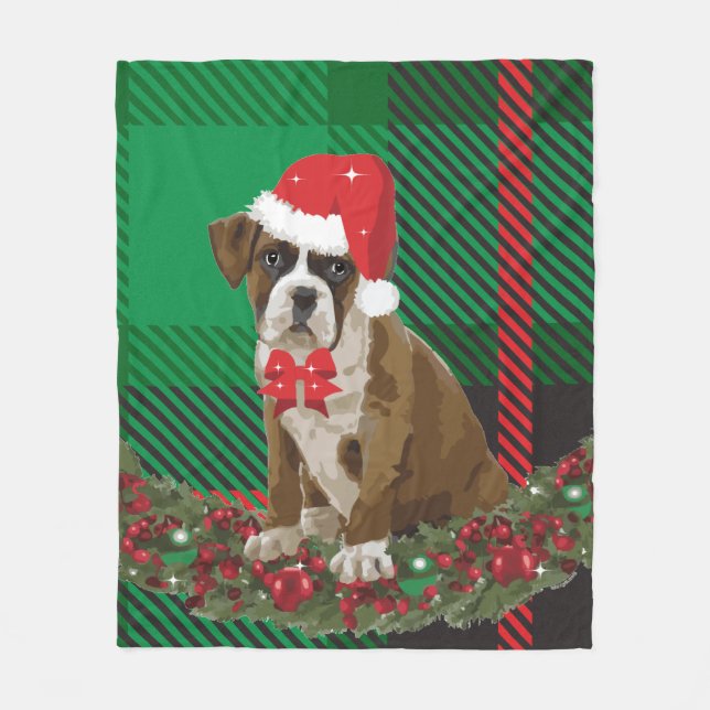 Couverture Polaire Cute Xmas Chien Santa Hat Green Plaid Sherpa Blanc (Devant)