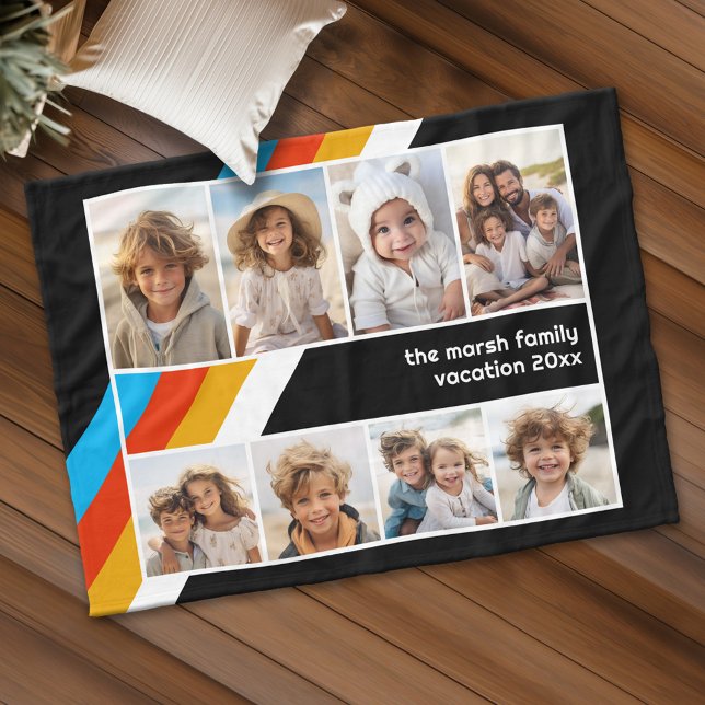 Couverture Polaire Cyan Retro Stripe - 8 Photo Collage (Personalized fleece blanket with 8 photos and custom text)