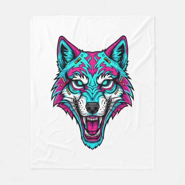 Couverture Polaire Cyberpunk Neon Wolf - Synthwave Robotic Animal (Devant)