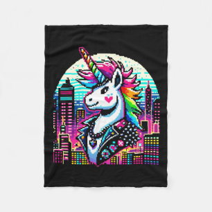 Couverture Polaire Cyberpunk Unicorn Neon Pixel Art Cityscape Design