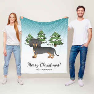 Couverture Polaire Dachshund à poil court noir et feu - Forêt d'hiver
