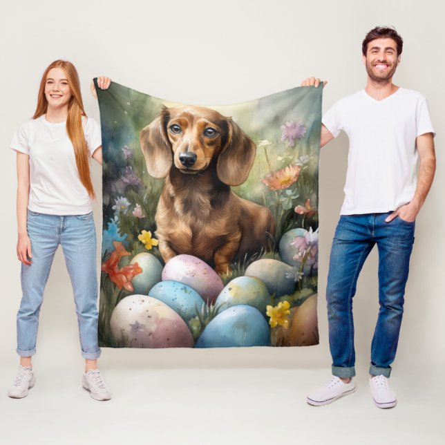 Couverture Polaire Dachshund aux oeufs de Pâques (En situation)
