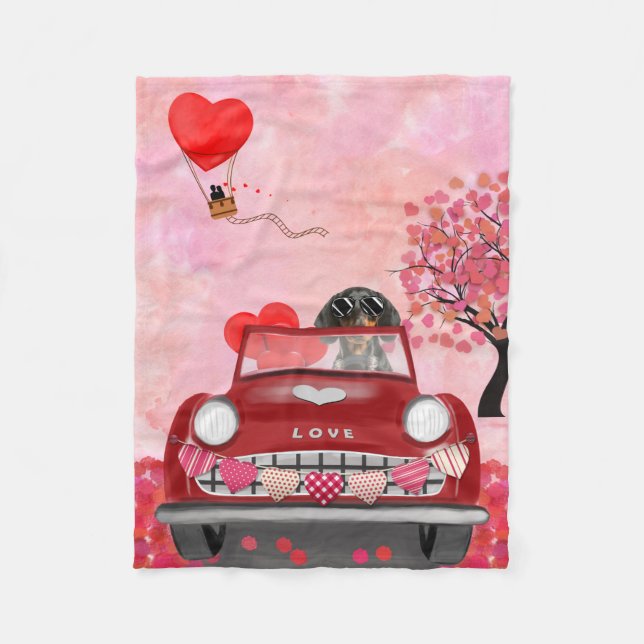Couverture Polaire Dachshund Chien voiture avec les coeurs Valentine' (Devant)