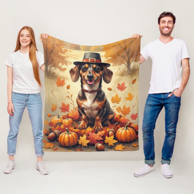 Couverture Polaire Dachshund dans les feuilles d'automne, l'art de Th (En situation)