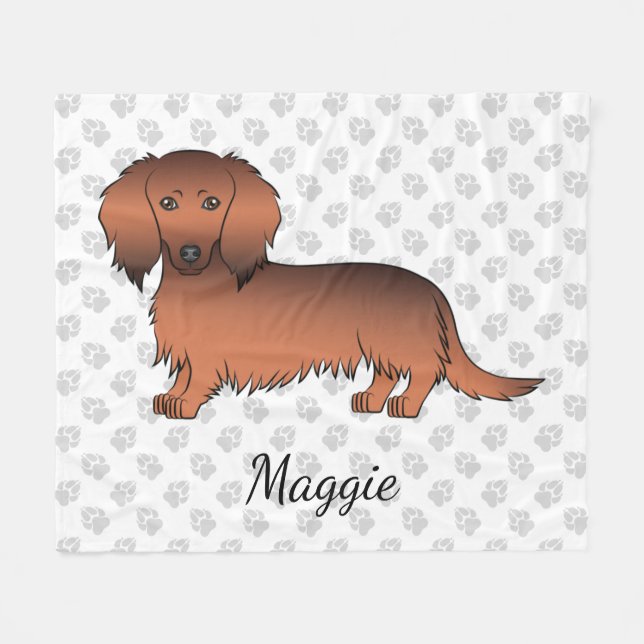 Couverture Polaire Dachshund de dessin animé à poil long couleur roug (Devant (Horizontal))