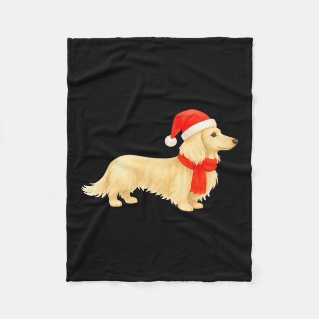 Couverture Polaire Dachshund de Noël à poil long crème avec chapeau d (Devant)