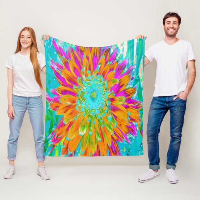 Couverture Polaire Dahlia décorative tropicale orange et rose chaud (En situation)