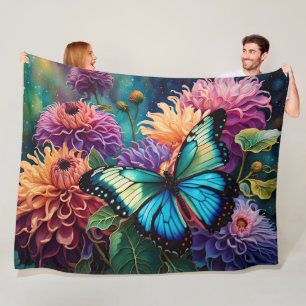Couverture Polaire Dahlias Et Papillon Vert Bleu Iridescente