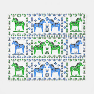 Couverture Polaire Dala folk horse, nordique/norvégien, bleu/vert