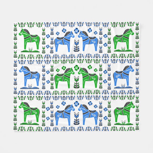 Couverture Polaire Dala folk horse, nordique/norvégien, bleu/vert (Devant (Horizontal))