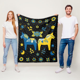 Couverture Polaire Dala folklorique suédoise Cheval le bleu et jaune