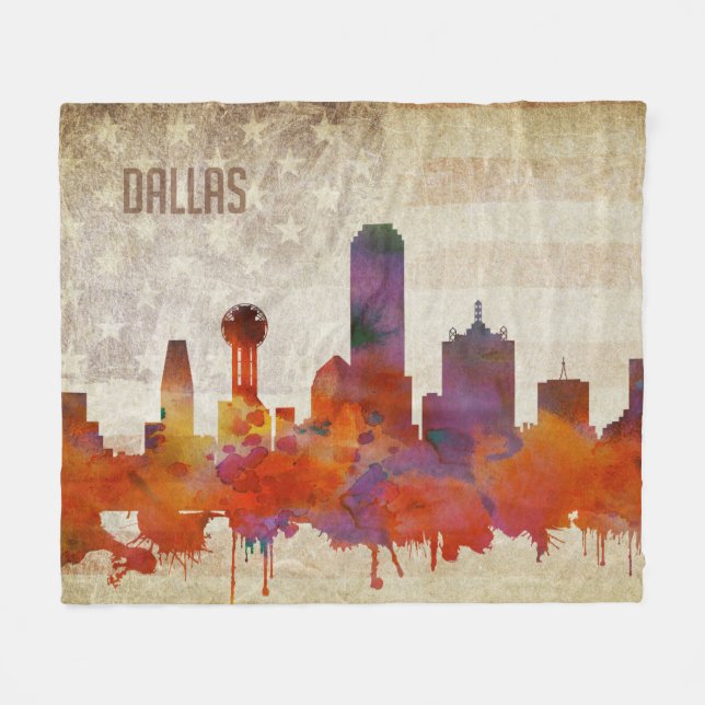Couverture Polaire Dallas, horizon de ville d'aquarelle de TX | (Devant (Horizontal))