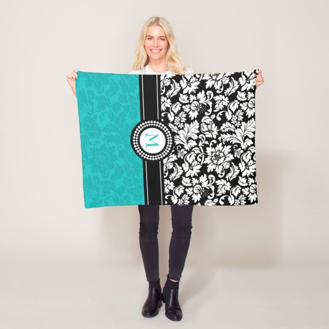 Couverture Polaire Damas Blanc Et Turquoise (En situation)