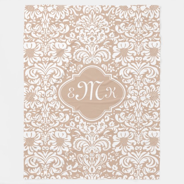 Couverture Polaire Damas Florales Beige Et Blanc (Devant)