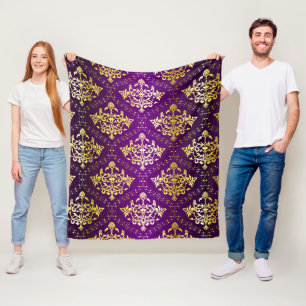 Couverture Polaire Damas florales pourpres et or motif