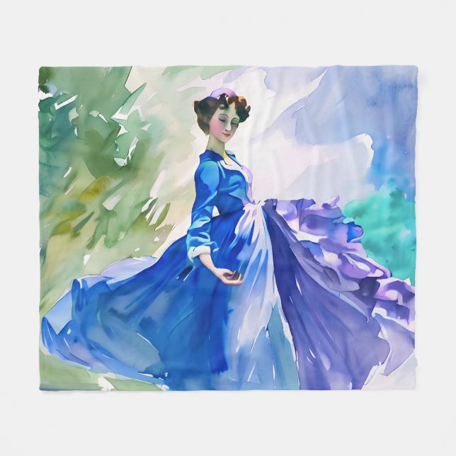 Couverture Polaire Dame en Robe Bleue - Peinture aquarelle (Devant (Horizontal))