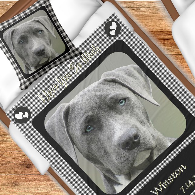 Couverture Polaire Dame et dates de photo d'animal en noir et blanc à (Black and White Gingham Pattern Loss of Pet Bereavement Blanket Gift With Uploaded Photo and Dates)