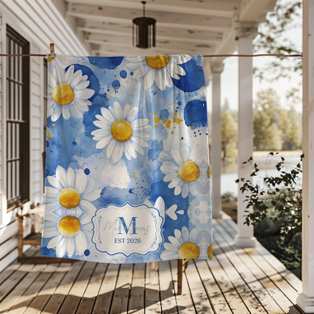 Couverture Polaire Décor de monogramme de marguerite à l'aquarelle bl (Créateur téléchargé)