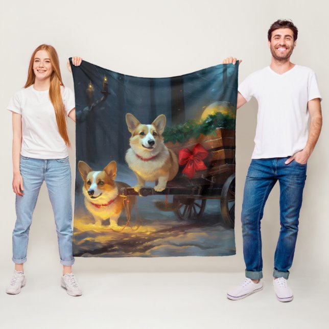 Couverture Polaire Décor de Noël Corgi Snowy Sleigh (En situation)