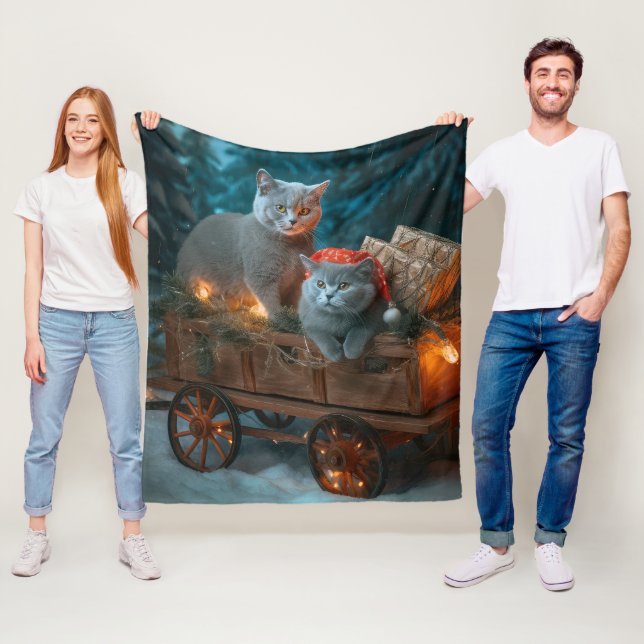 Couverture Polaire Décor de Noël russe Blue Cat Snowy Sleigh (En situation)