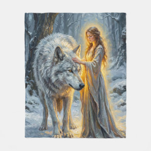 Couverture Polaire Déesse de l'hiver & Loup Blanc